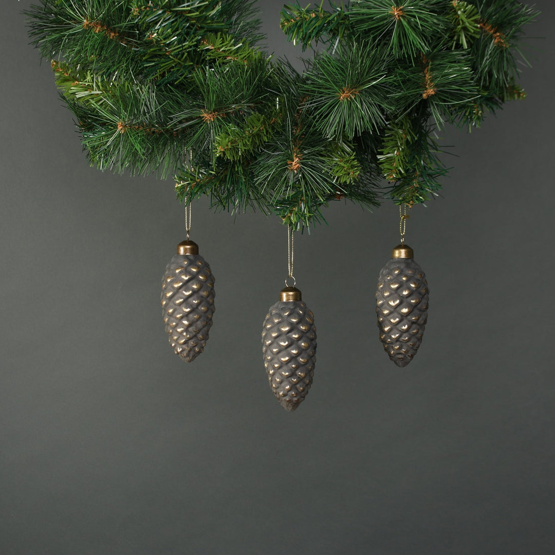 Luna Glass Pine Cone Bauble Pewter & Gold (Set of 4)