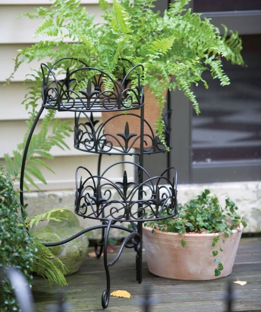 3-Tier Folding Classic Finial Plant Stand Black
