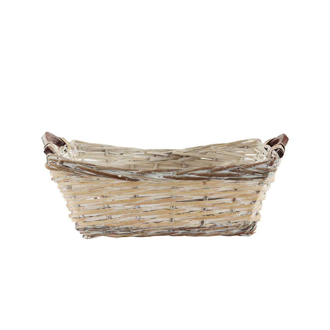 White Wash Rectangle Woven Basket with Handles (Medium)