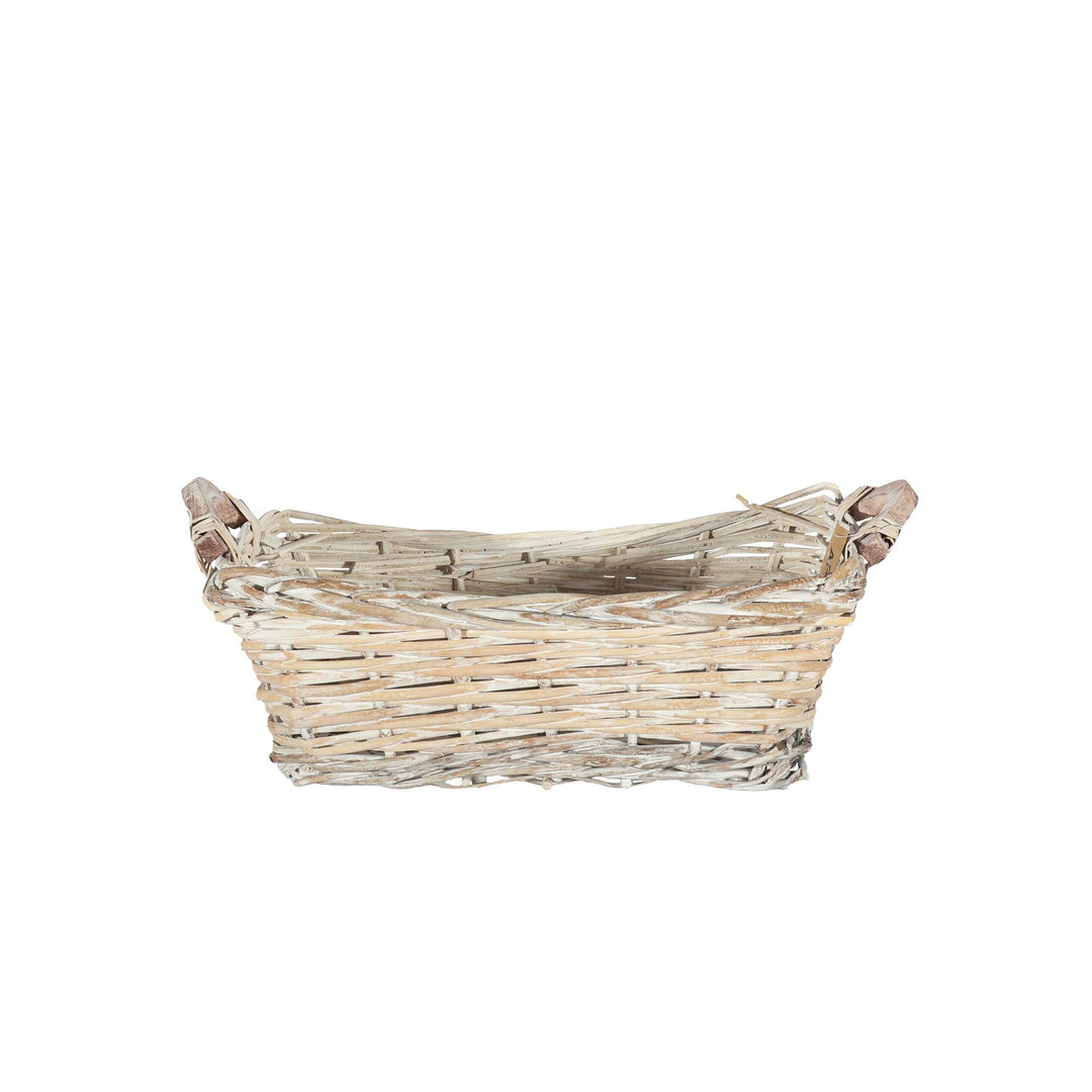 White Wash Rectangle Woven Basket with Handles (Small)