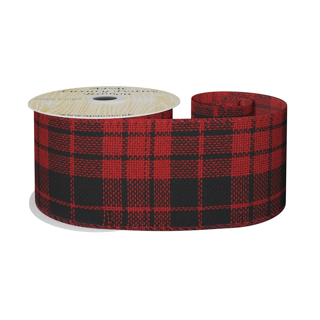 Red &amp; Black Wire-Edged Tartan Ribbon (63mm x 10yds)