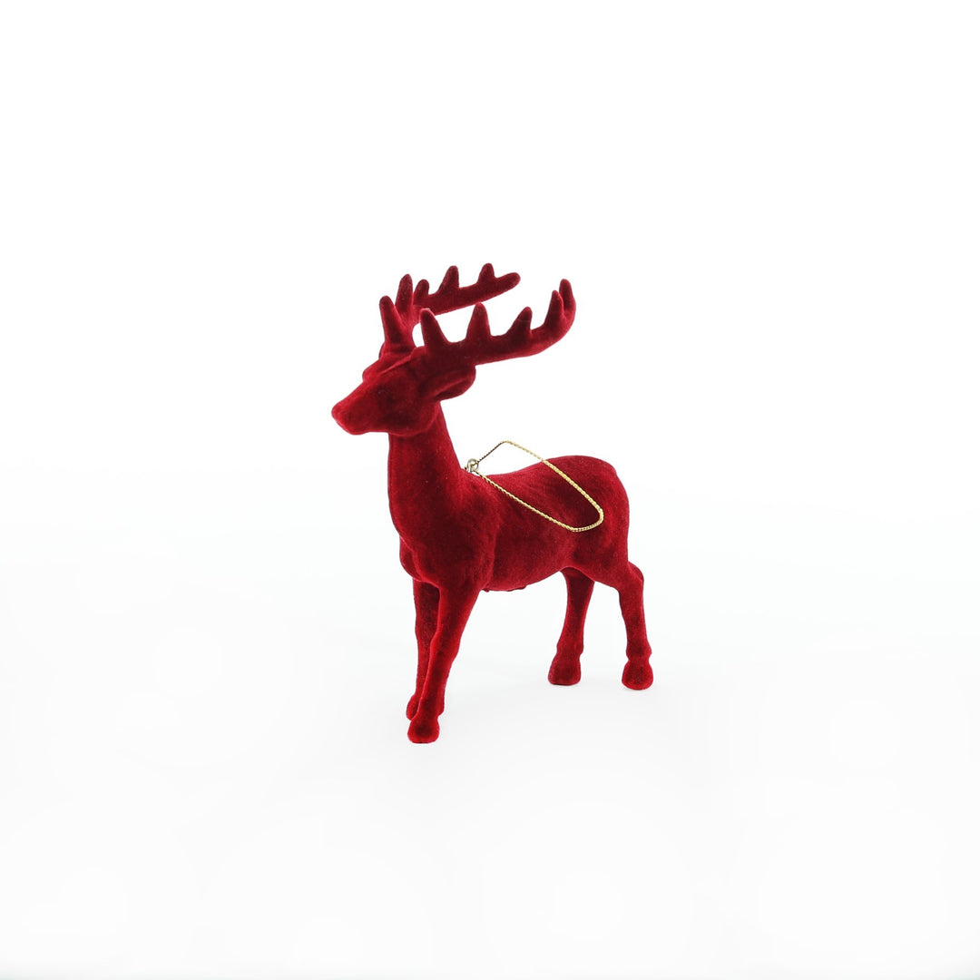 Flocked Reindeer Hanging Decoration - Burgundy (12cm)