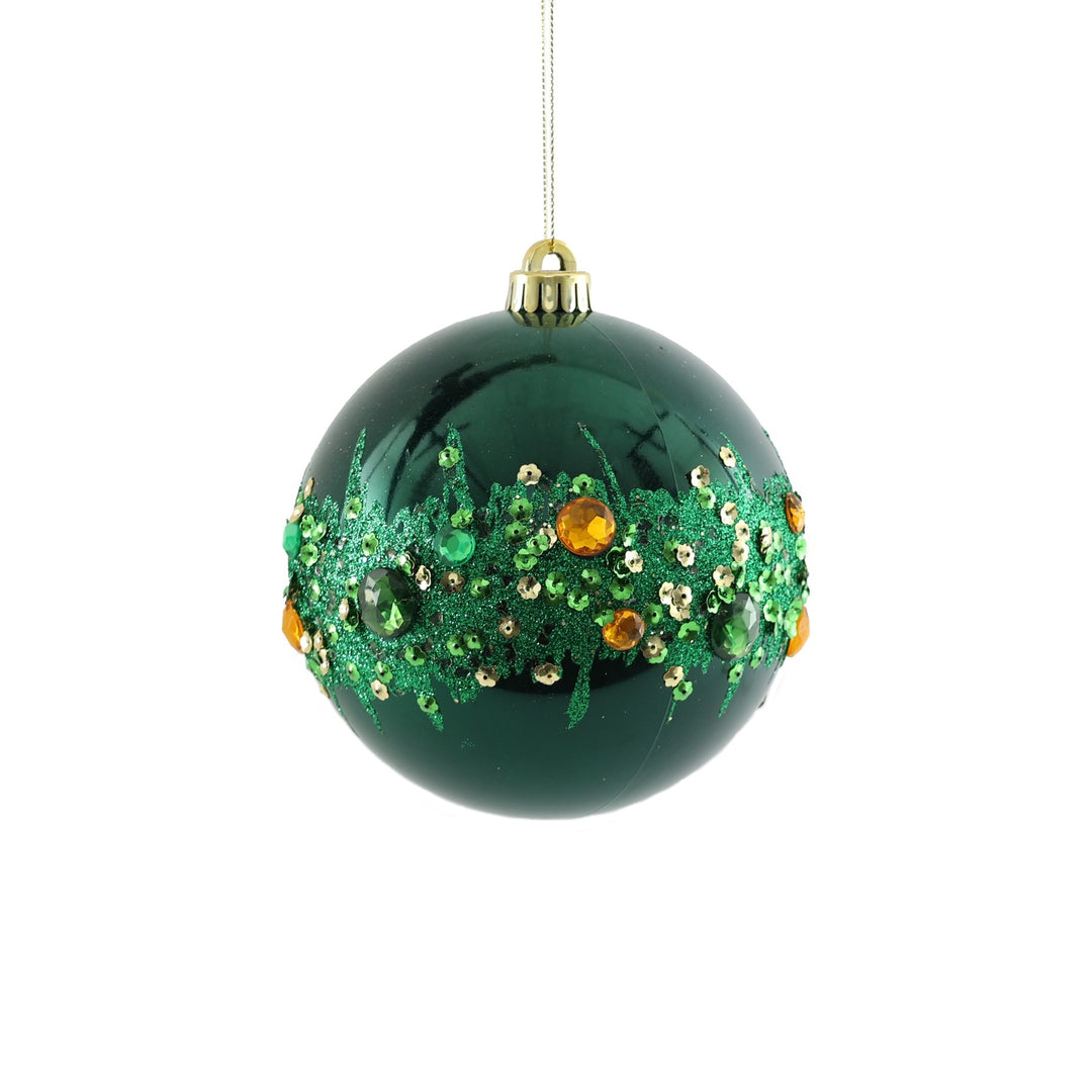 Electroplated Bauble with Glitter &amp; Gems - Green/Gold (15cm)