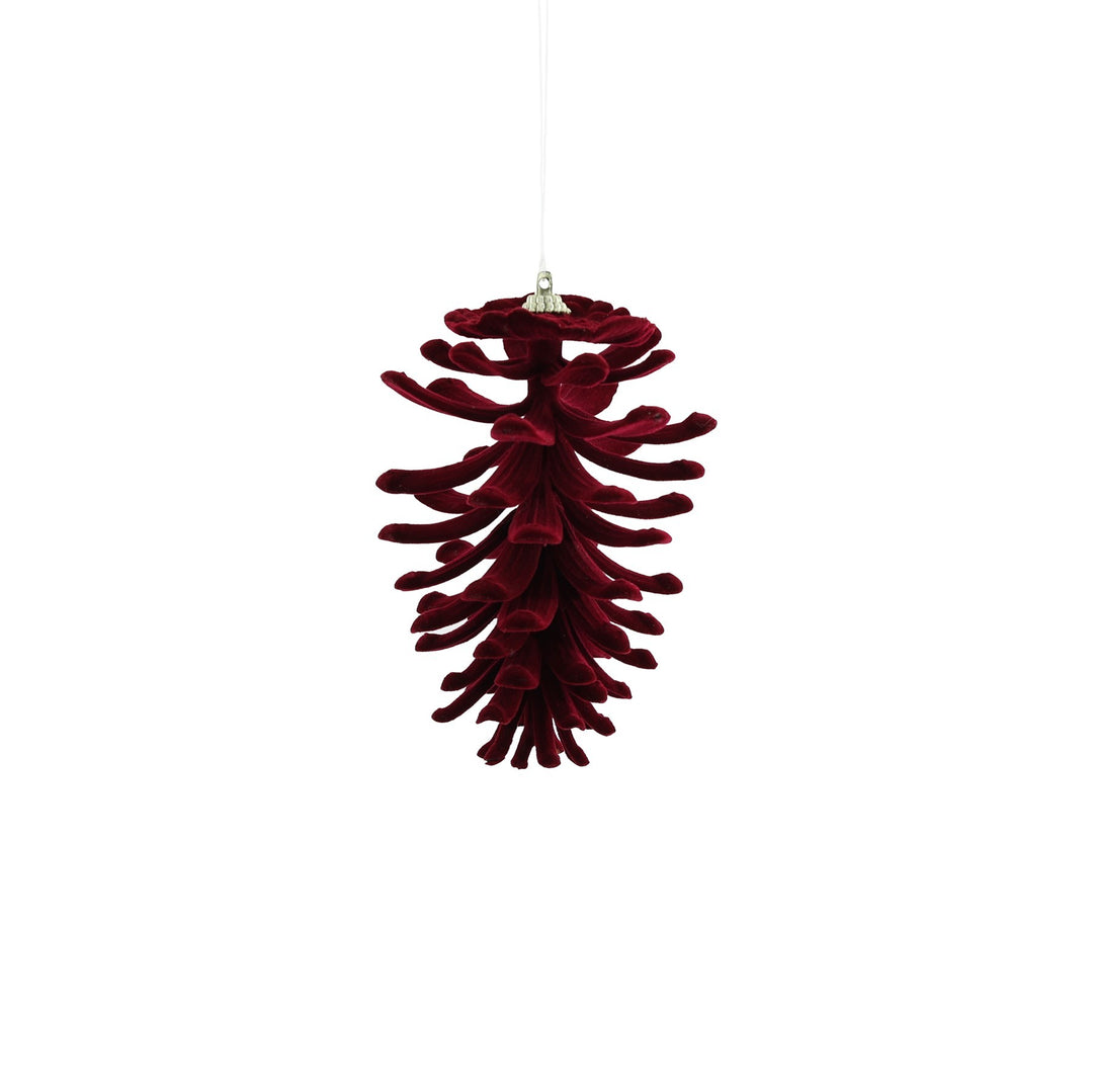 Flocked Pine Cone Hanging Decoration - Burgundy (13cm)
