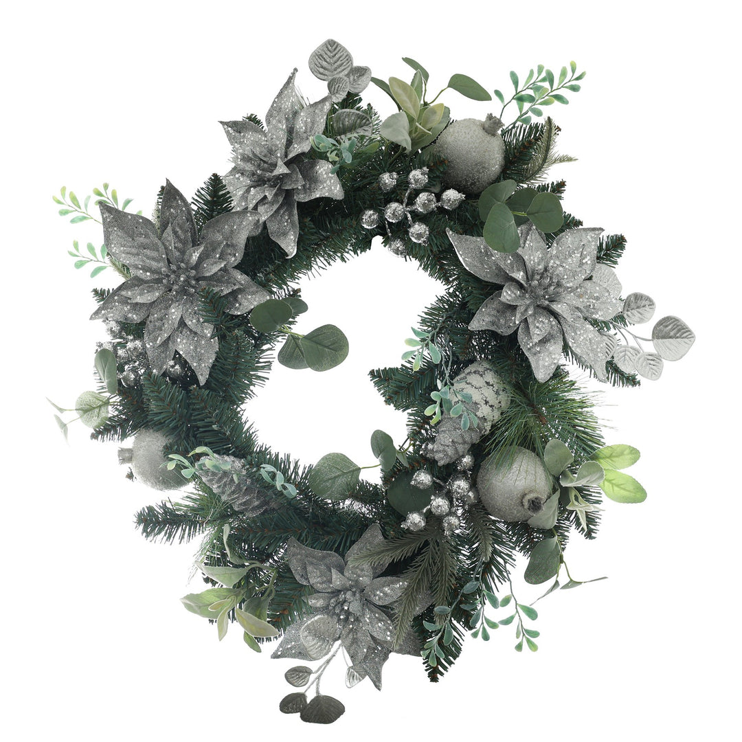Poinsettia &amp; Bauble Wreath - Silver (60cm)
