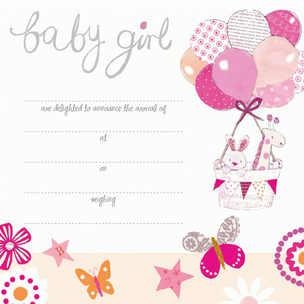 Baby Girl birth announcement card - Balloons &amp; butterfly design