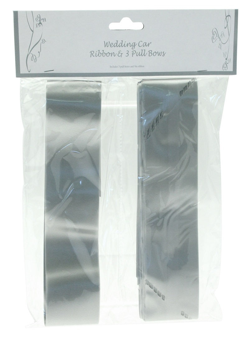 Silver Wedding Car Ribbon &amp; 3xBows